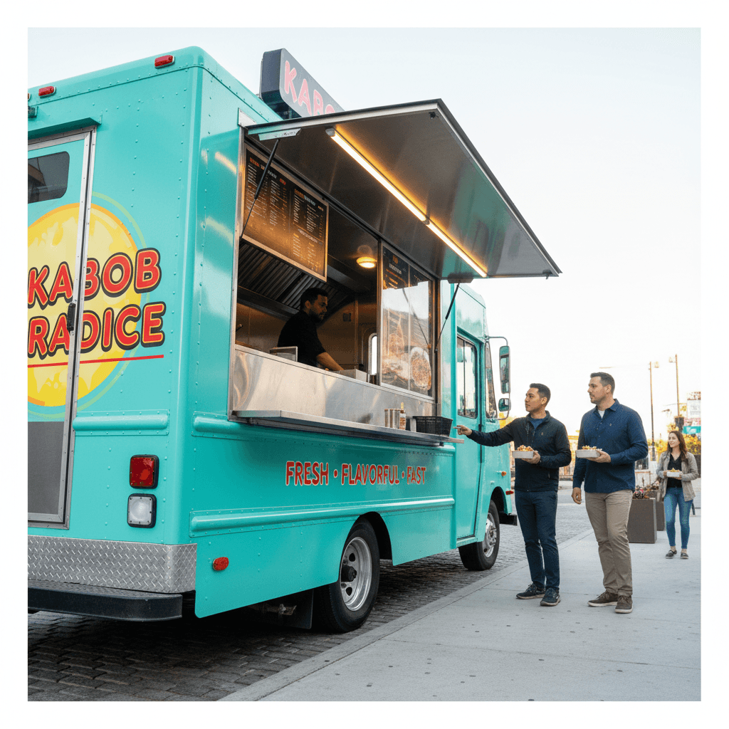 Kabob Paradice food truck with open serving window ready for customers