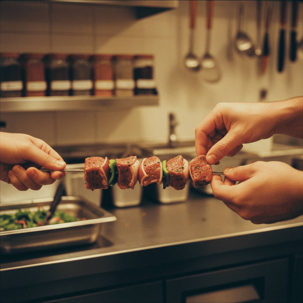 Expert hands assembling a lamb kabob on metal skewer