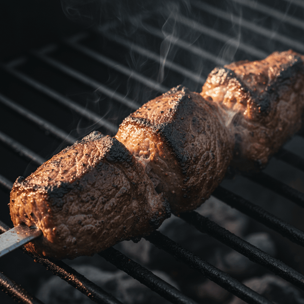 Perfectly seasoned beef kabob with visible marbling and texture