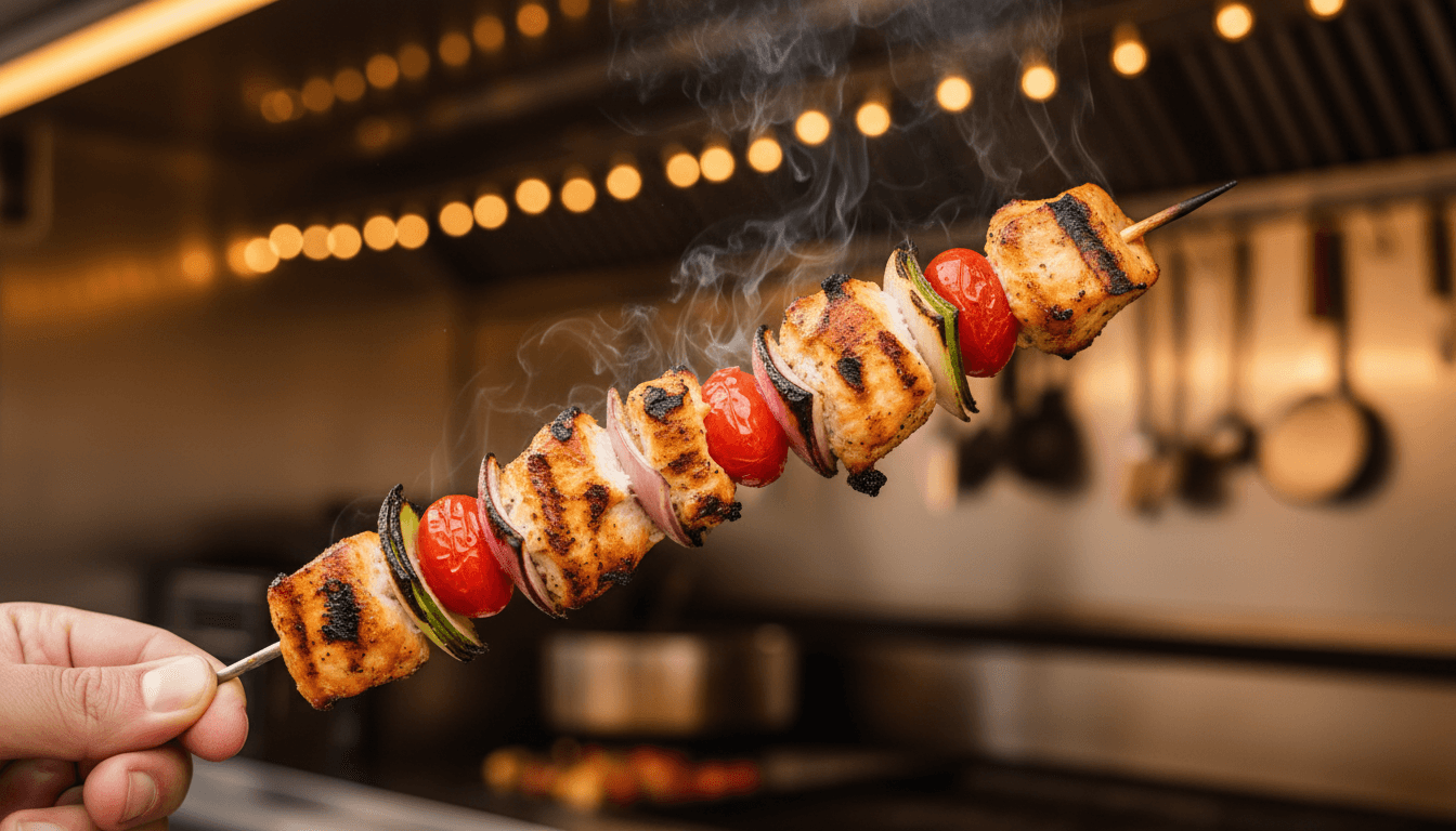 Fresh grilled kabob skewer with charred chicken, tomatoes, and onions