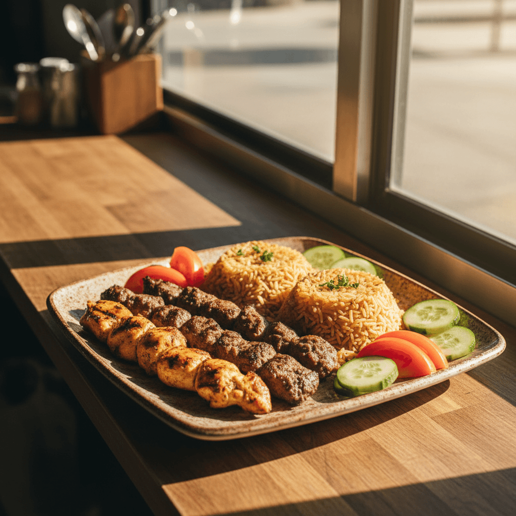 Complete kabob plate with rice, vegetables, and pita bread