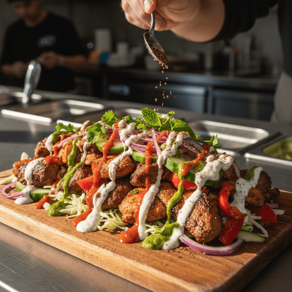 Veggie and beef kabob with colorful peppers and onions on wooden board