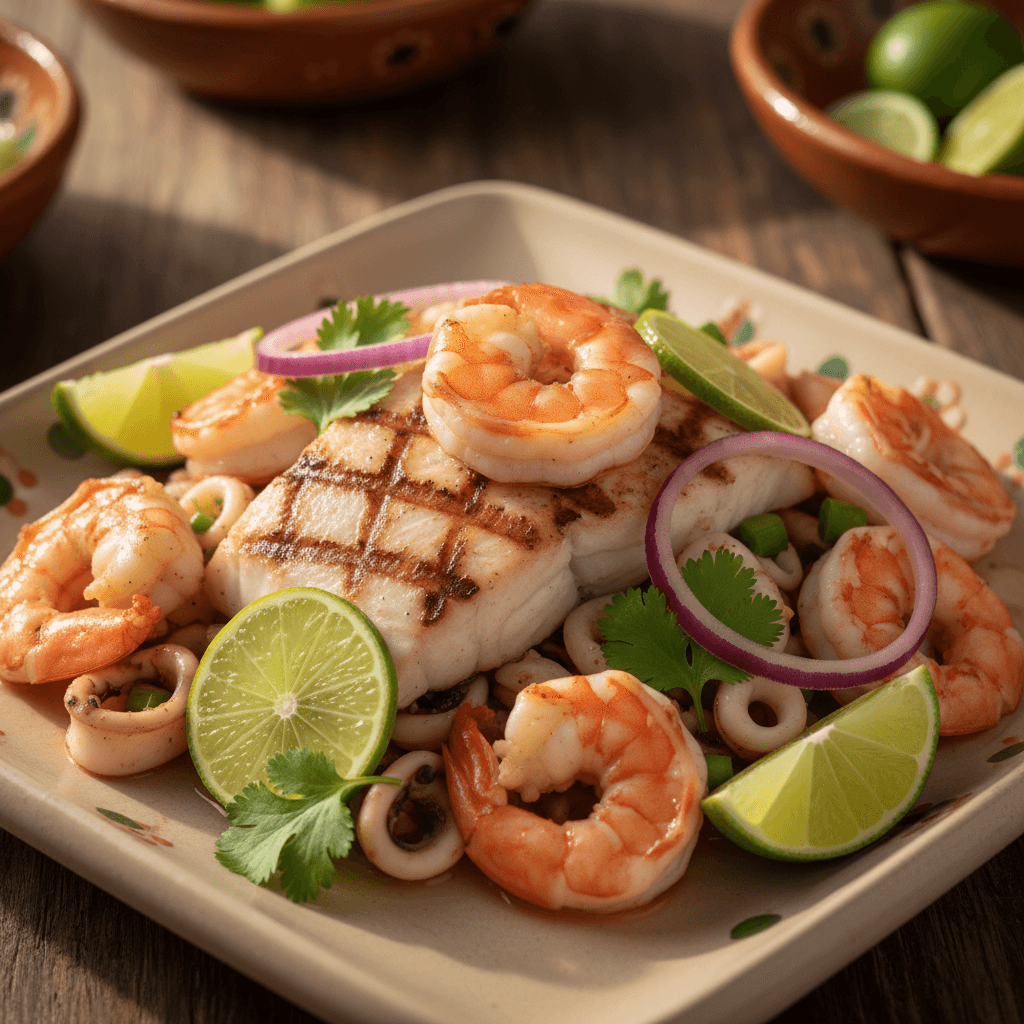 Shrimp kabob with lemon and fresh herbs