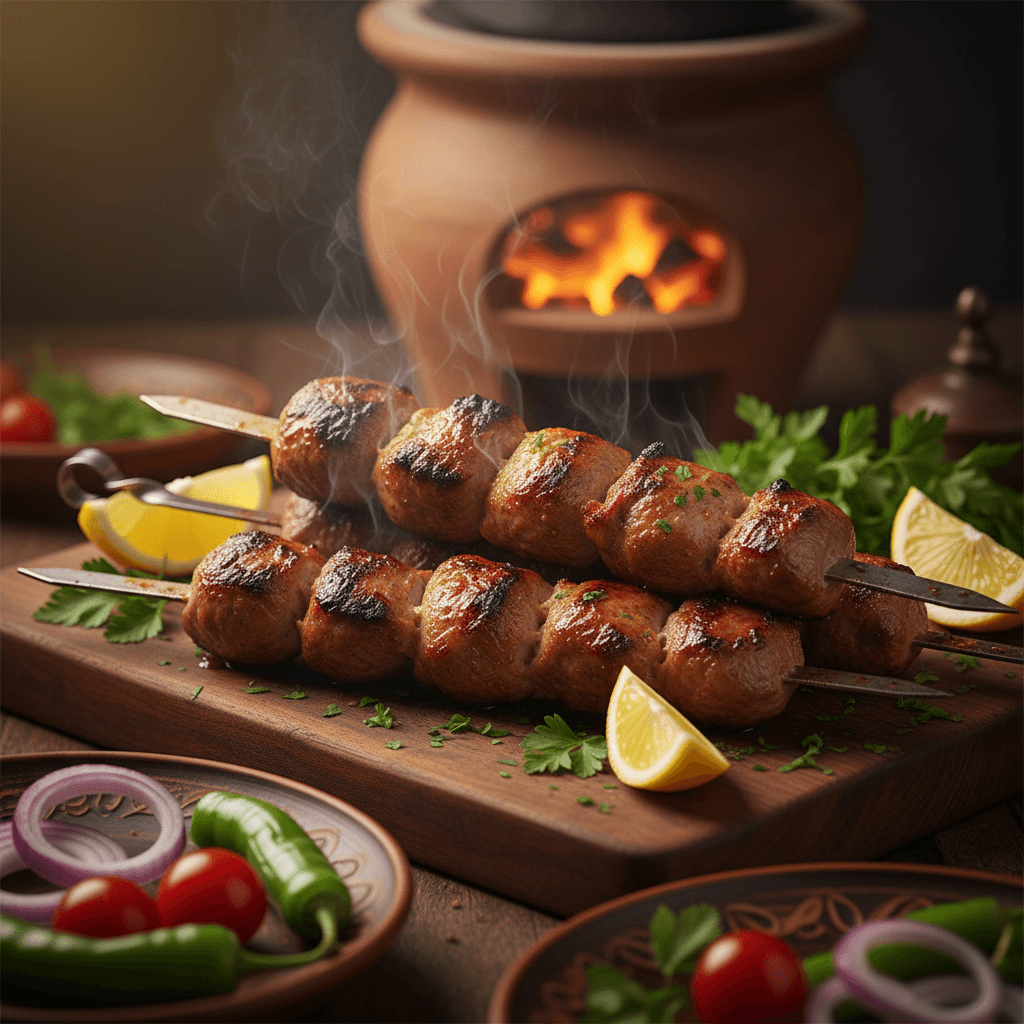 Lamb kabob with herbs and grilled vegetables