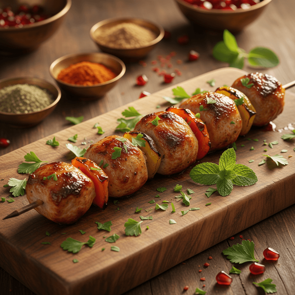 Beef kabob with tomatoes and onions on wooden board