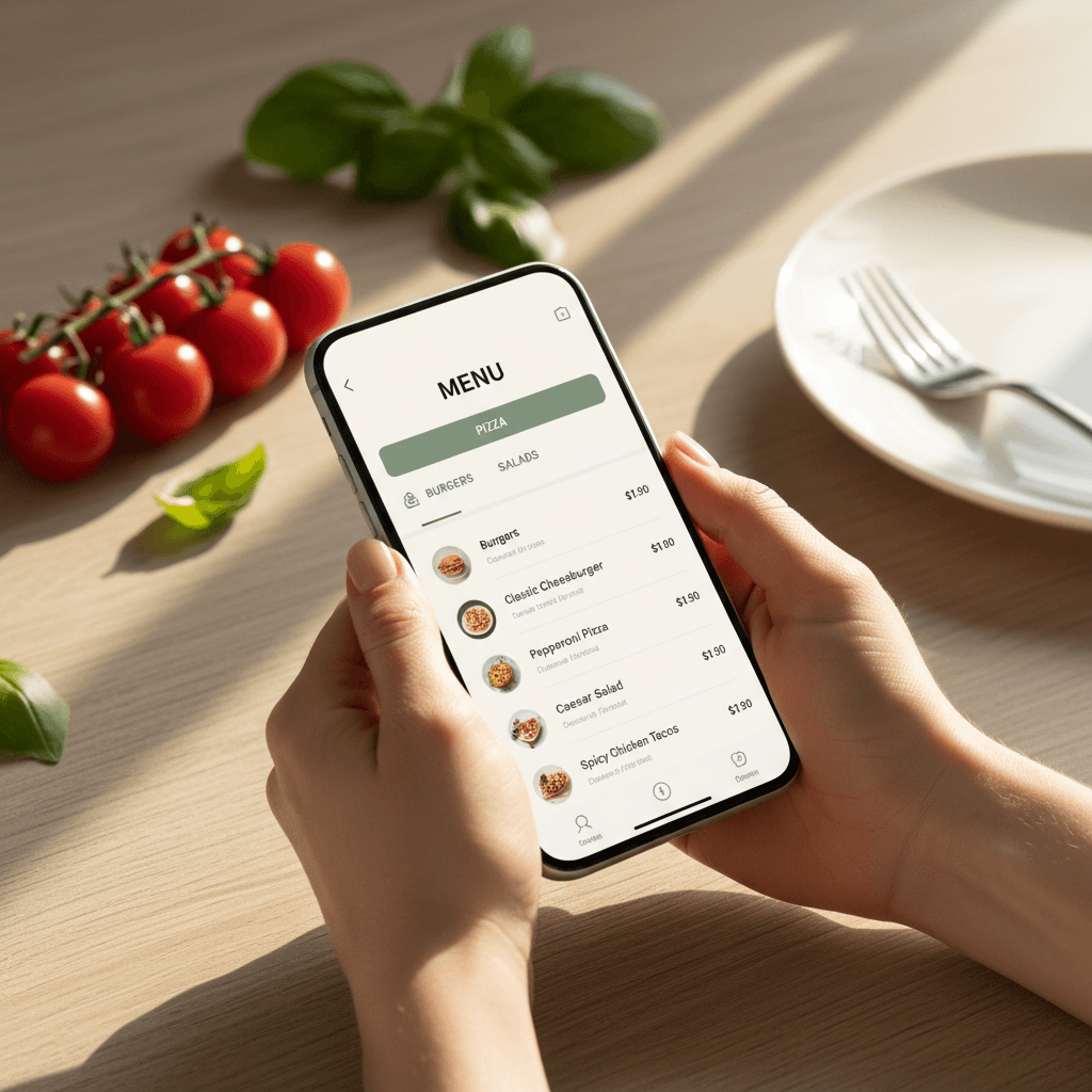 Smartphone showing Kabob Paradice online menu ordering platform surrounded by fresh ingredients