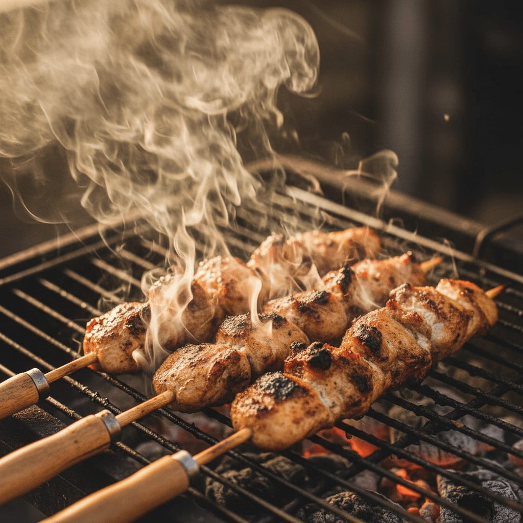 Grilled chicken kabob with peppers and onions