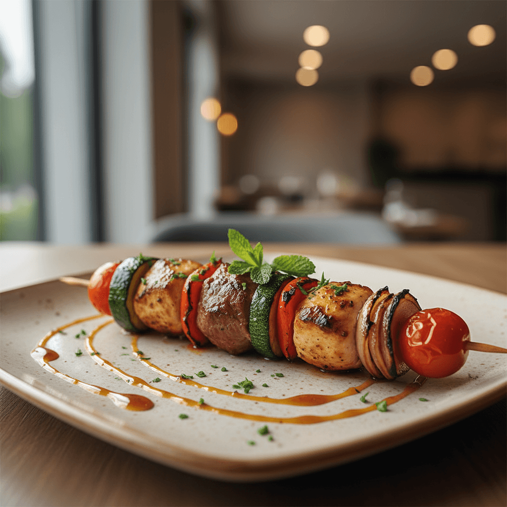 Vegetable kabob with grilled zucchini mushrooms and peppers