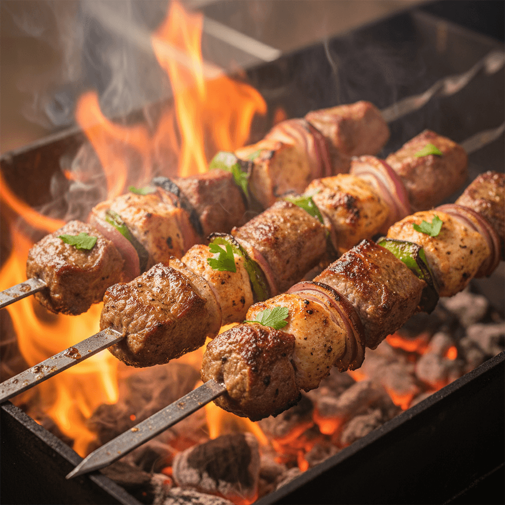 Fresh meat and vegetables grilling on kabob skewers with visible flame and char