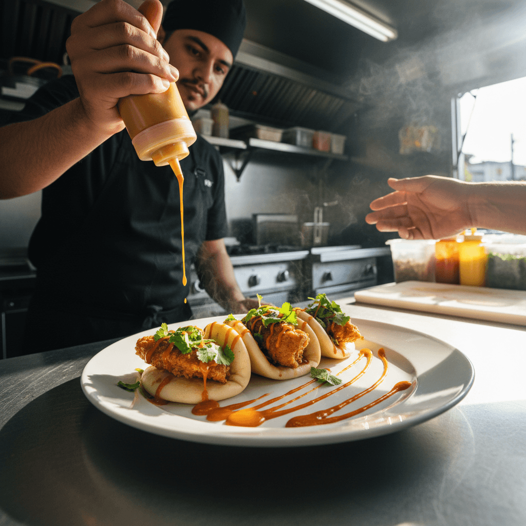 Food truck worker carefully plating a finished kabob with fresh garnish