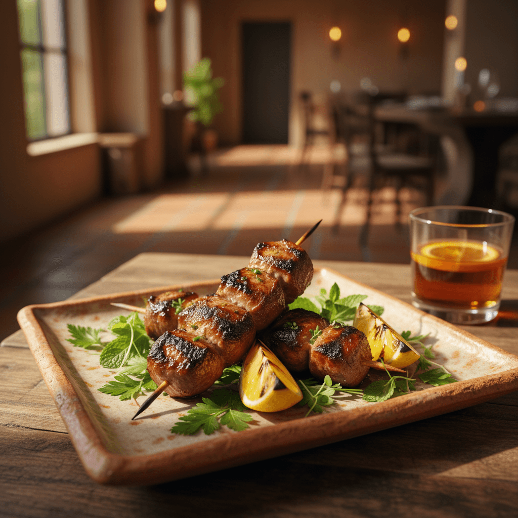 Freshly grilled lamb kabobs with vegetables on wooden skewers