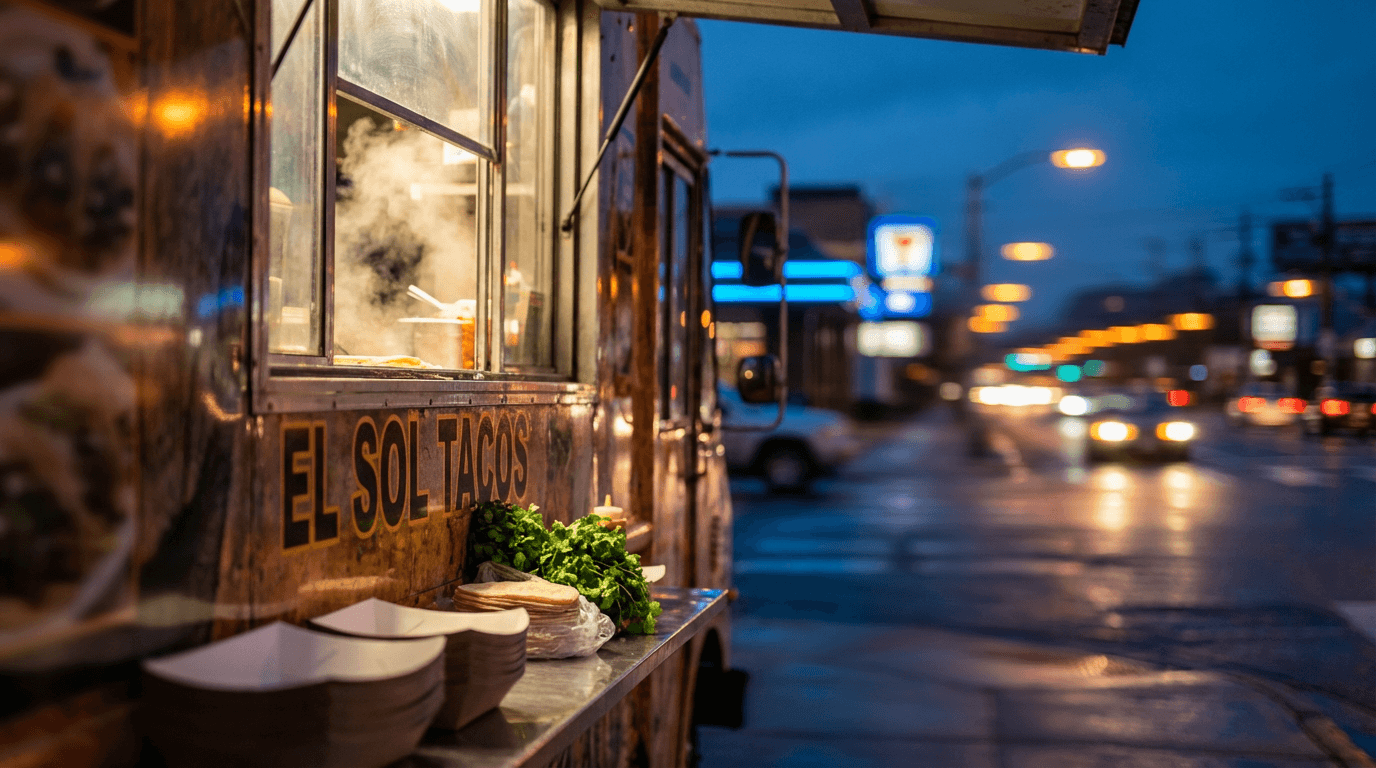 Kabob paradice food truck owner preparing fresh kabobs in morning sunlight